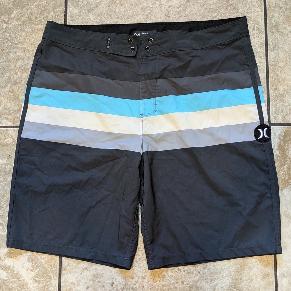 Hurley Mens 34 Board Shorts Phantom Blue Gray Cream Surf Skate Pocket Striped
